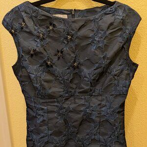 NWOT Anne Klein Blue Floral Embroidered Overlay Stencil Fitted Dress Size 8